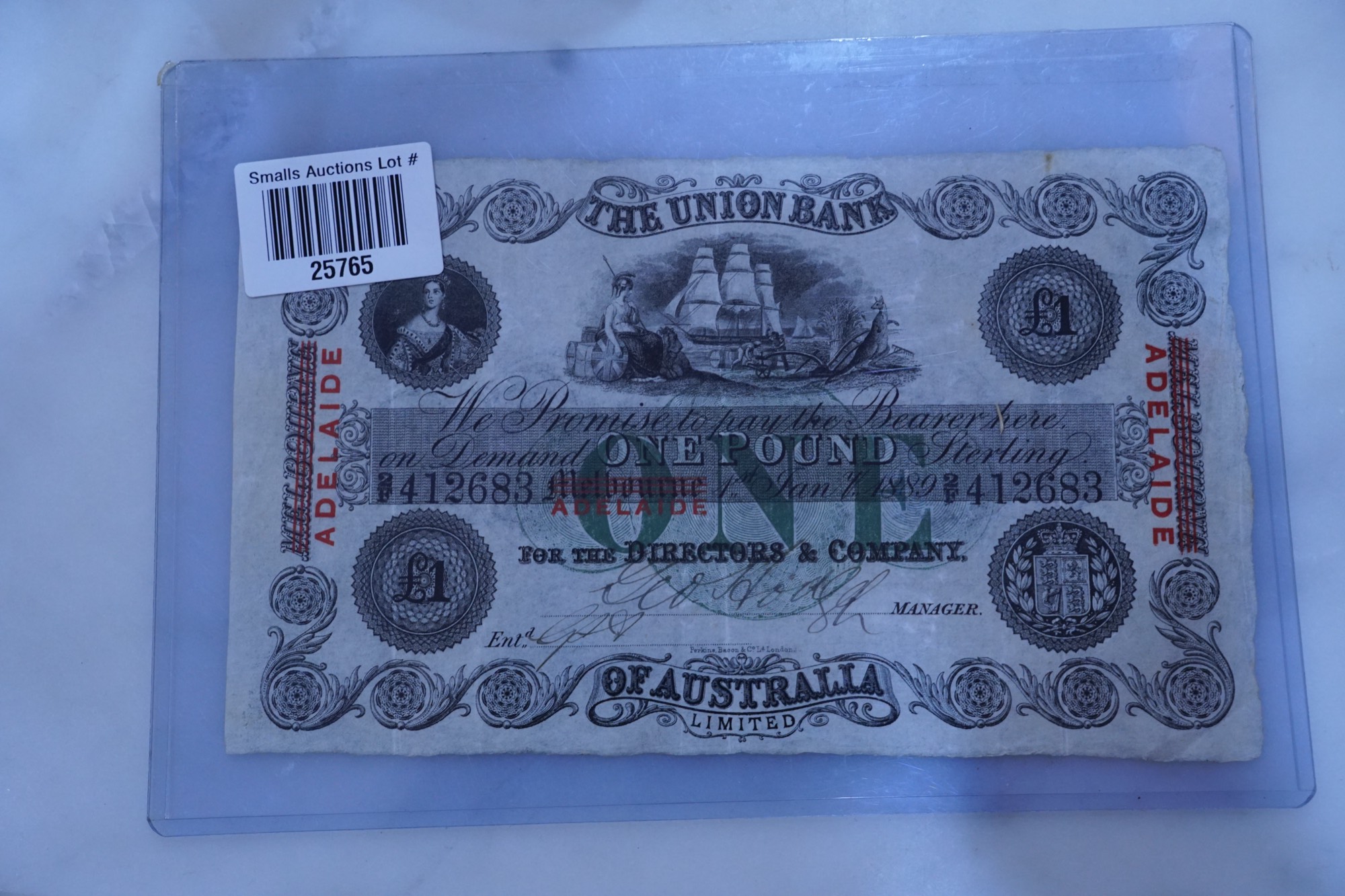 A Union Bank of Australia one pound note, Adelaide, front and centre